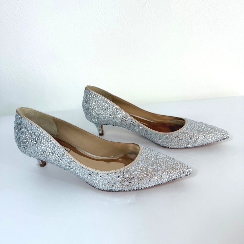 Badgley Mischka Kitten Heels Silver Crystal Rhinestone Embellished Bridal 6.5 - Picture 2 of 8